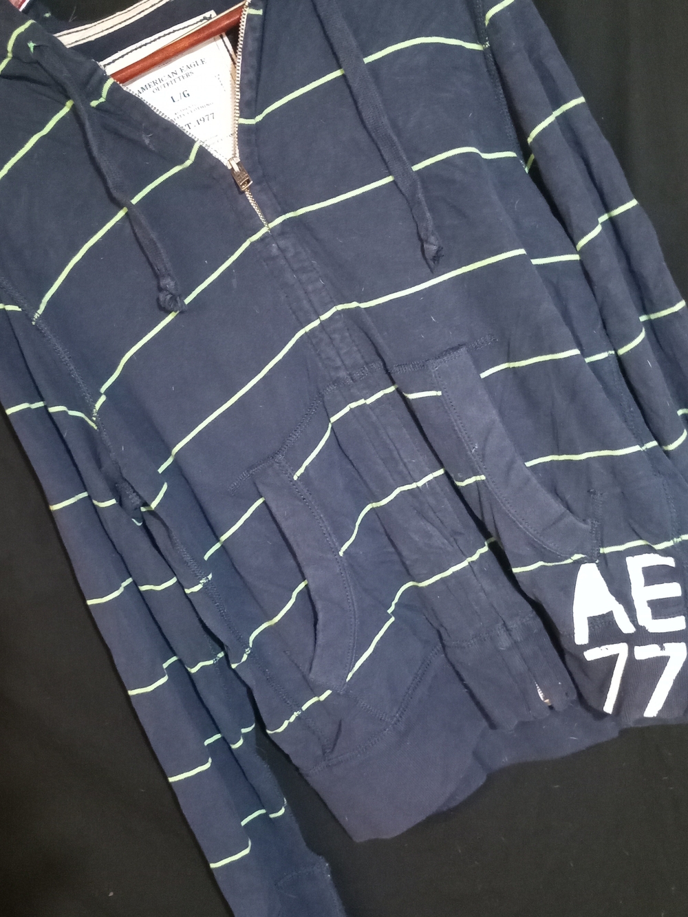 American Eagle Outfitters Navy Blue Zip-Up Hoodie with Light Green Stripes